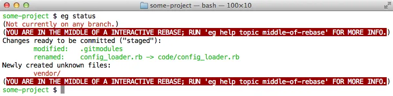 <code>eg status</code> middle-of-rebase demonstration screenshot