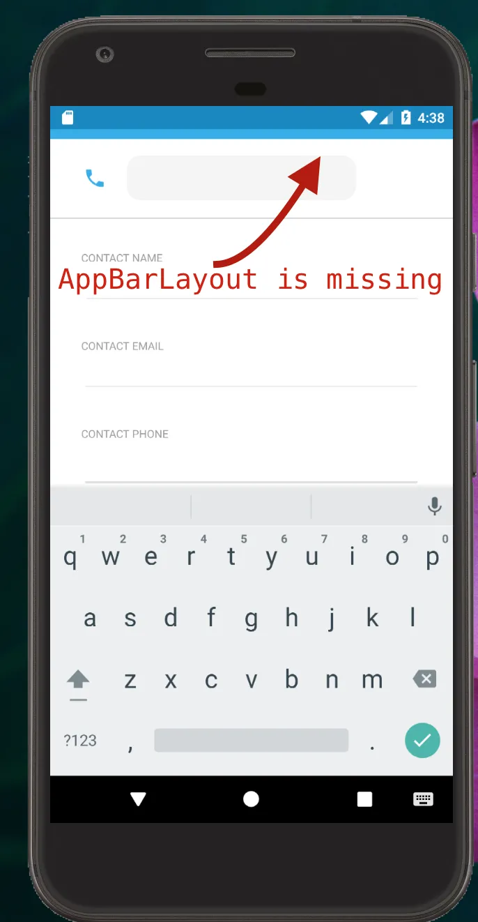 Soft keyboard appears and AppBarLayout dissappears