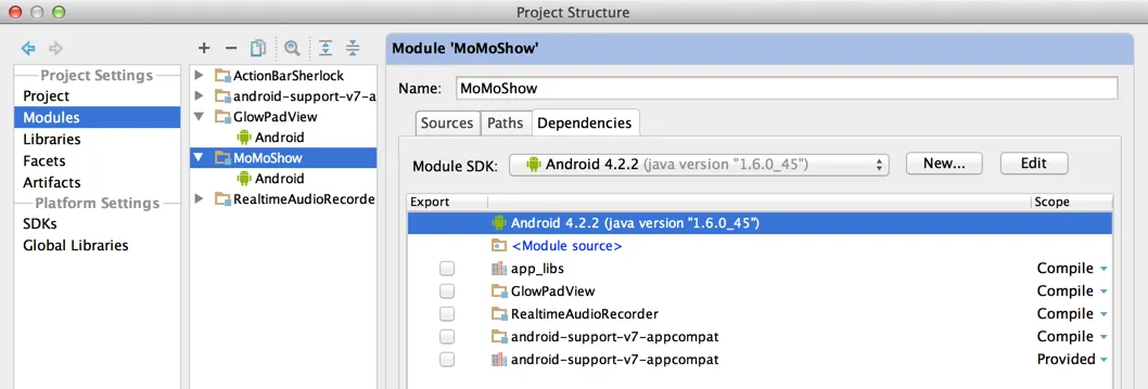 设置应用程序模块依赖于v7库模块