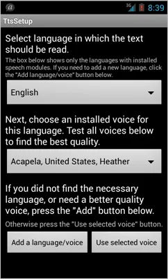 TtsSetup screen capture, first spinner lists all TTS languages, second all voices