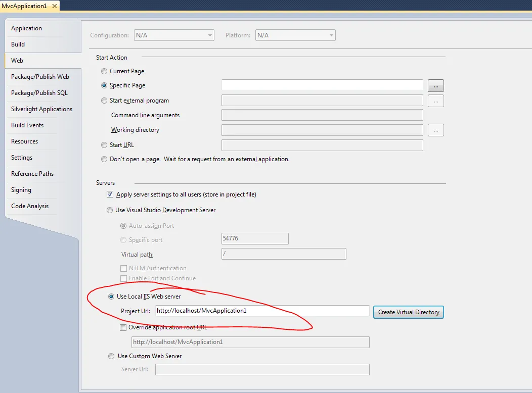 Setting Visual Studio to use local IIS web server