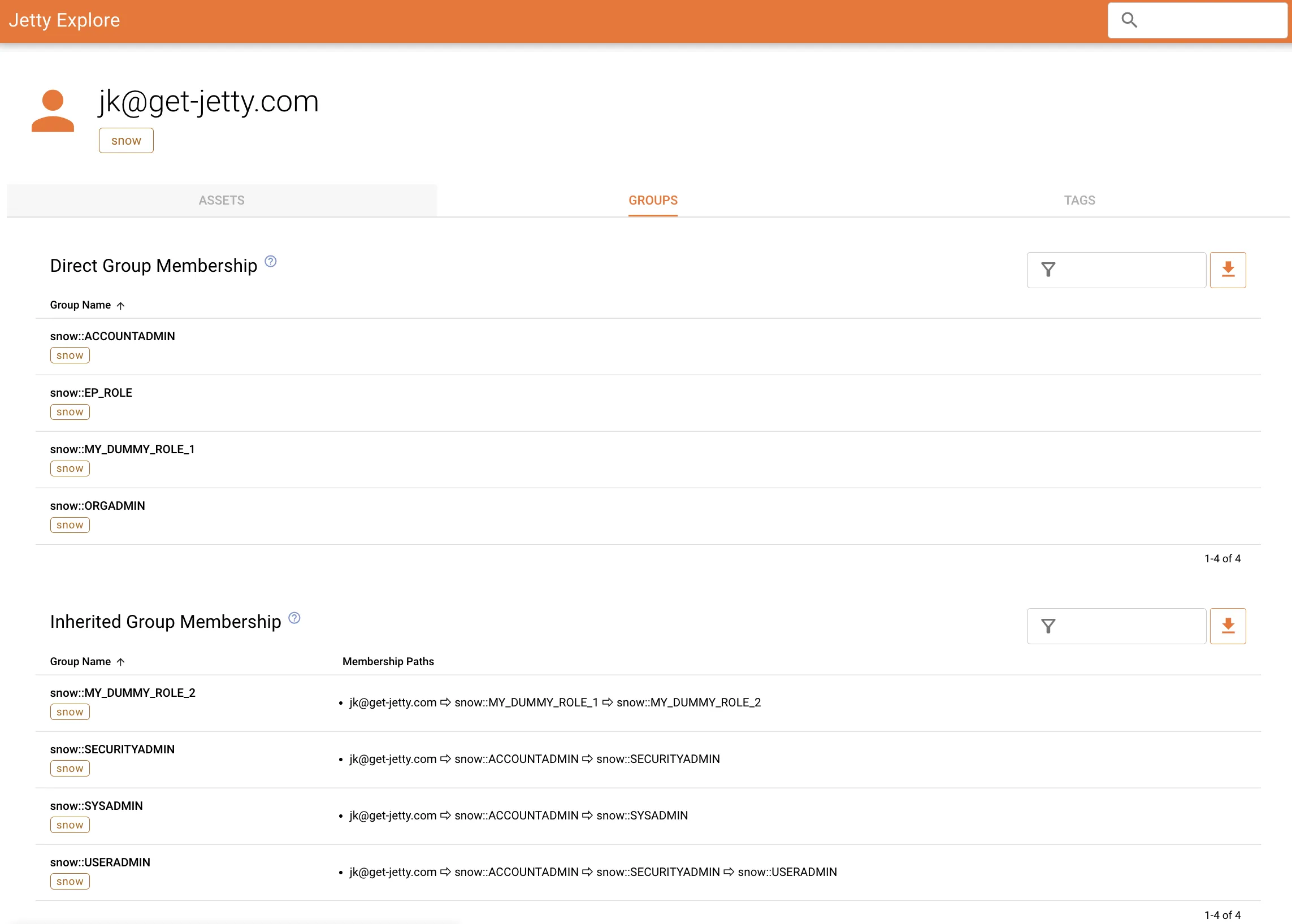a screen capture of a user view in Jetty, viewing direct and inherited group membership