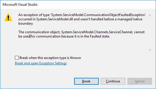 屏幕截图：Visual studio在跨越应用程序域或托管/本机边界的异常上中断