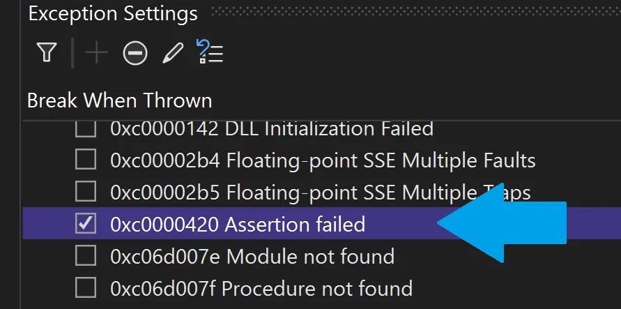 by default breaking on Assertion failed exception is enabled in Visual Studio exception settings, however it doesn't cause the debugger to break when our unit test assertion fails, hence the steps above are necessary