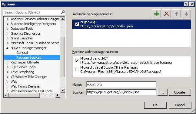 Screenshot of the NuGet Packages Sources options window