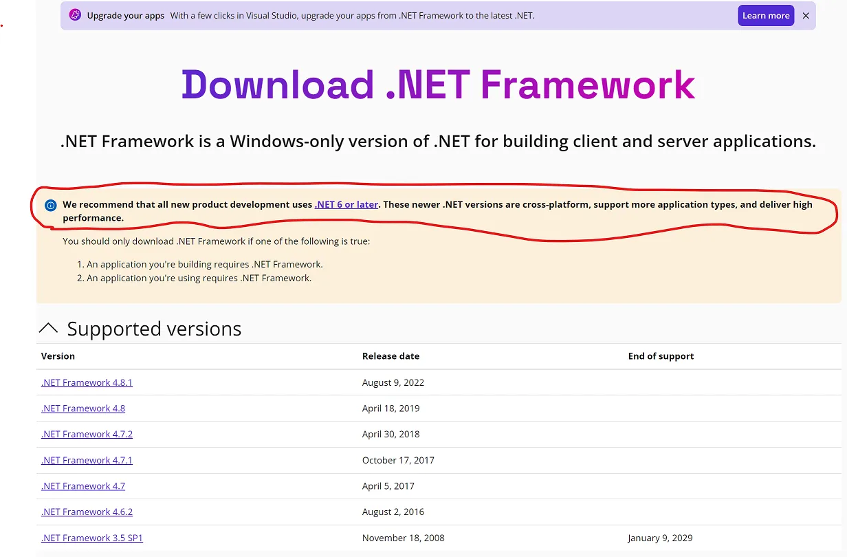 Screenshot of Download .NET Framework page on Microsoft