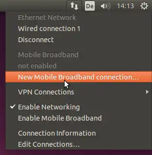 网络指示器中突出显示的“新建移动宽带连接…”