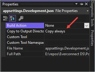 Properties window for appsettings.Development.json file