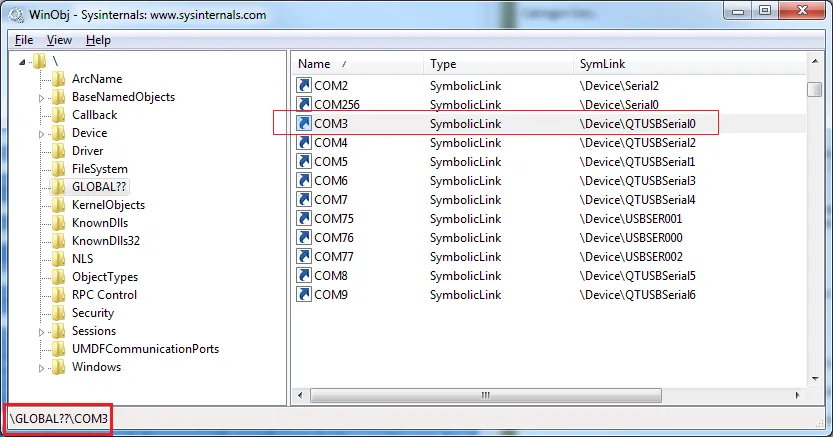 Screenshot of the Windows Object Manager program showing OM paths