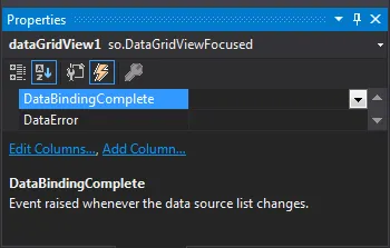 Properties -> Events -> DataBingingComplete (highlighted)