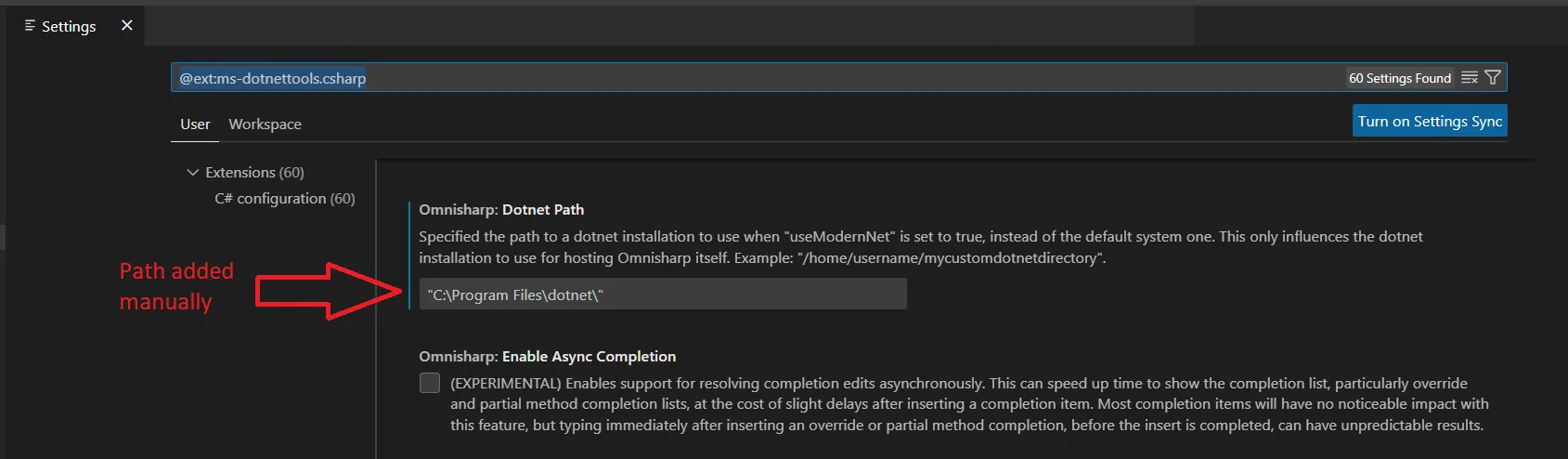 Visual Studio Code - Settings for omnisharp set to dotnet path