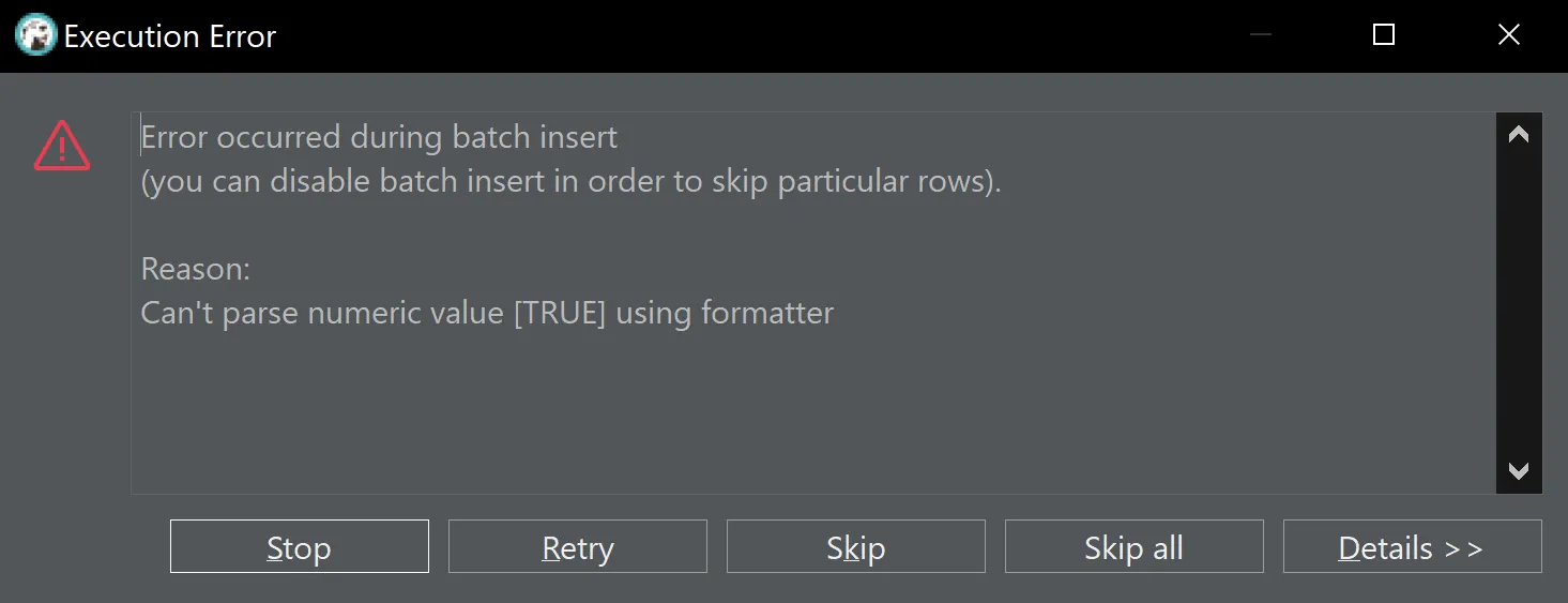 Can't parse numeric value [TRUE] using formatter