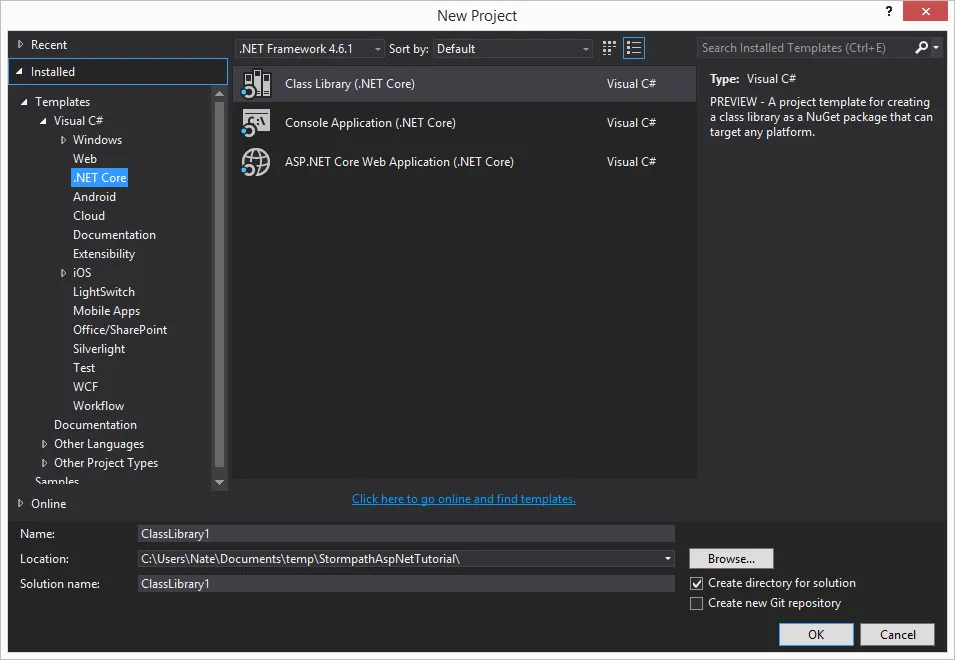 New .NET Core Project in Visual Studio 2015