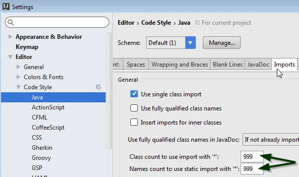 文件 > 设置... > 编辑器 > 代码样式 > Java > 导入 > 通用 > 使用“*”导入的类数：