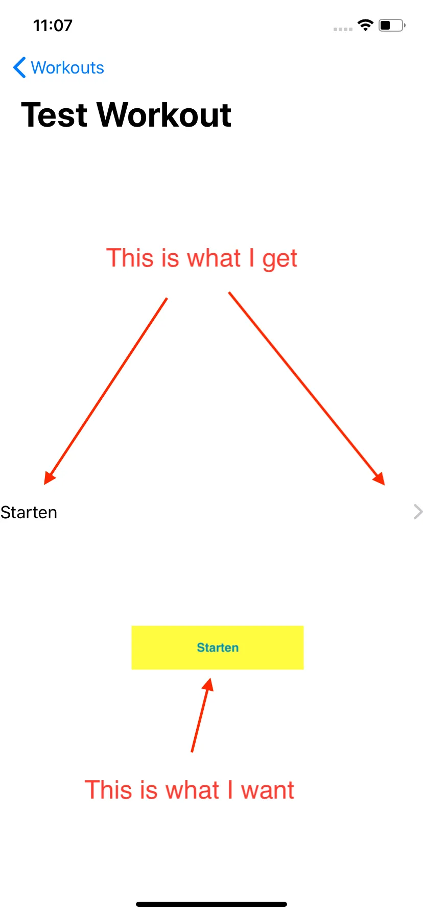 当前布局：使用默认右箭头的'Starten'。期望的布局：蓝色按钮，黄色背景。