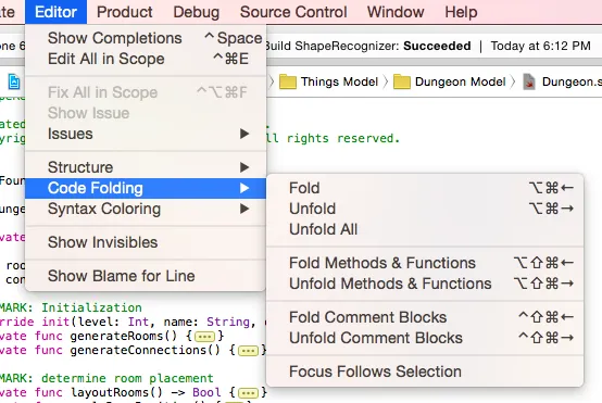 图片展示了Xcode中用于折叠和展开代码的快捷键