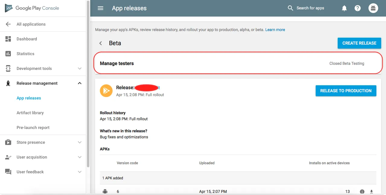Google Play Console App Releases page