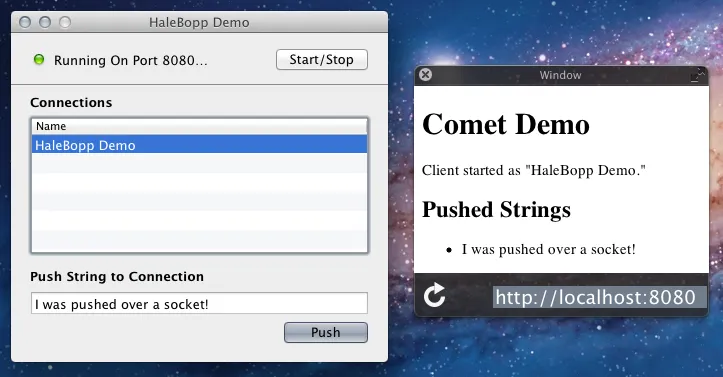 Please note the "Comet demo" window is a concoction of mine, so don't get frustrated when you run the demo, just open your browser!