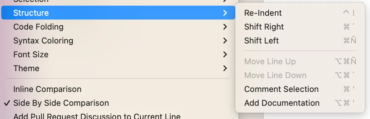 Xcode editor menu