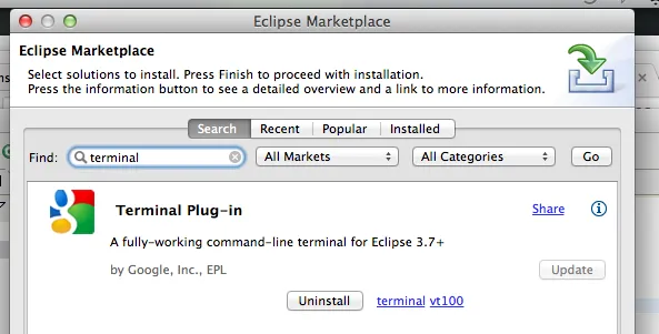 Eclipse Marketplace Search for a Mac-friendly Terminal