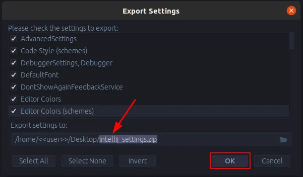 Export settings dialog