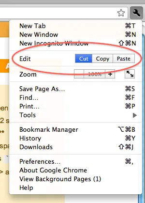 Google Chrome的自定义和控制菜单屏幕截图，其中编辑菜单项被圈出