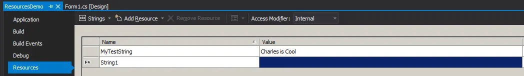 A screenshot of the resource editor with the string added to it