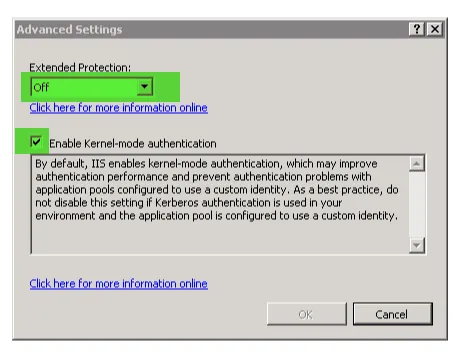 Setting up Properties of Windows Authentication in IIS