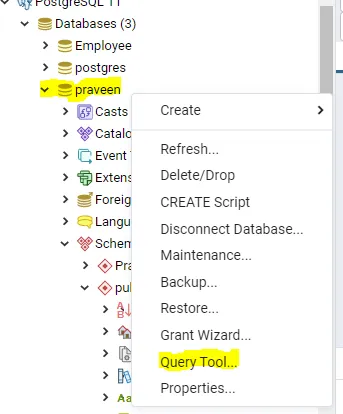 Choose the database and right click then choose the option "Query tool" and in which you want to create a table in particular a particular schema