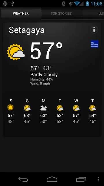 Galaxy Nexus 上运行的天气应用程序的屏幕截图