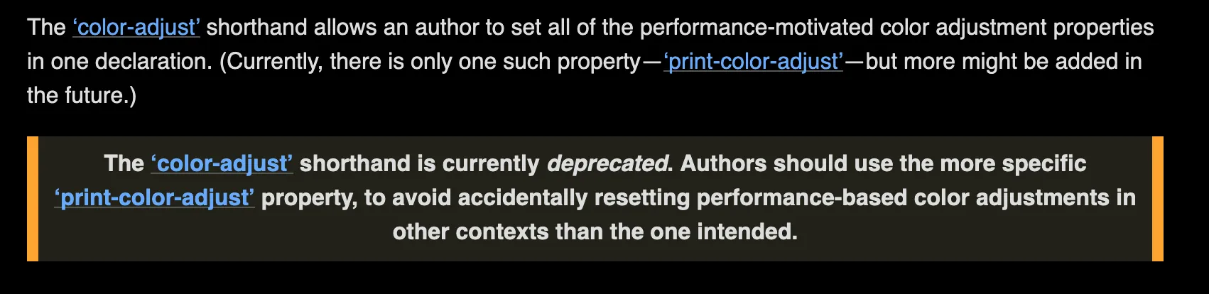 Note in documentation showing color-adjust is deprecated in favor of the more specific print-color-adjust