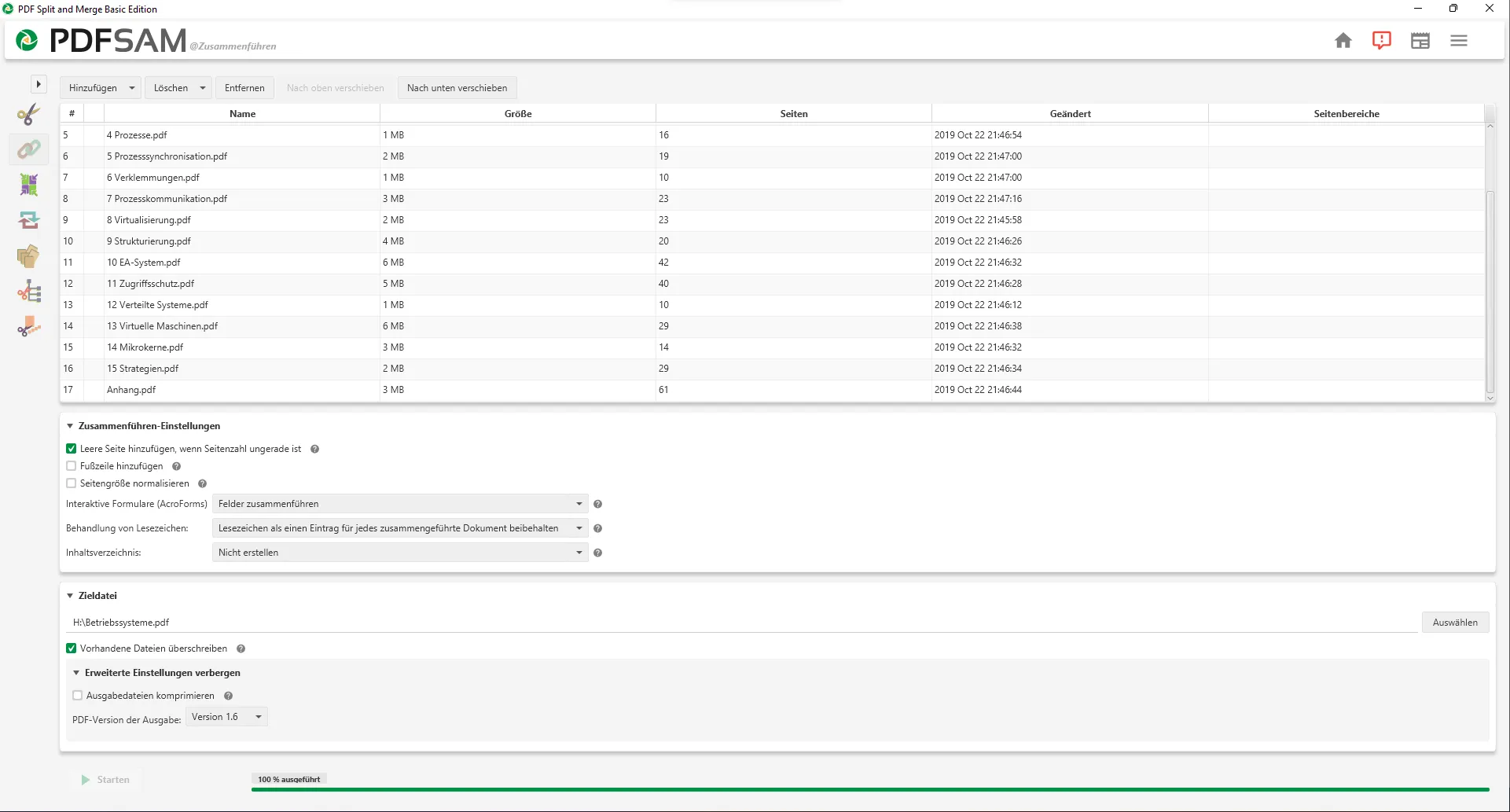 Correct named and ordered pdf files, regard settings: bookmarks are crucial.