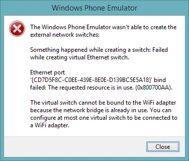 Windows Phone模拟器无法创建外部网络交换机。在创建交换机时发生了一些问题：创建虚拟以太网交换机失败。以太网端口'{CD7D5F8C-C0EE-439E-8E0E-D139BC5E5A18}'绑定失败：请求的资源正在使用中。(0x800700AA)。虚拟交换机无法连接到WiFi适配器，因为网络桥已在使用中。您最多可以配置一个虚拟交换机连接到WiFi适配器。