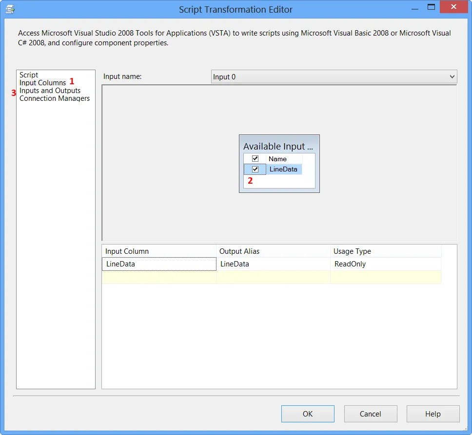 Script Transformation Editor - Input Columns