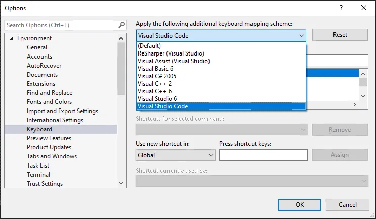Keyboard settings - Visual Studio 2022 Community