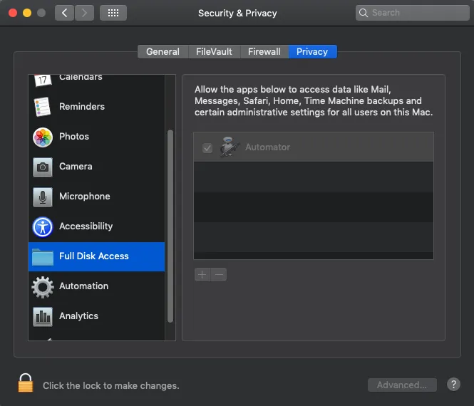 screenshot showing the new Full Disk Access option