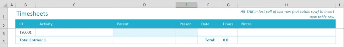 Initial Excel empty table