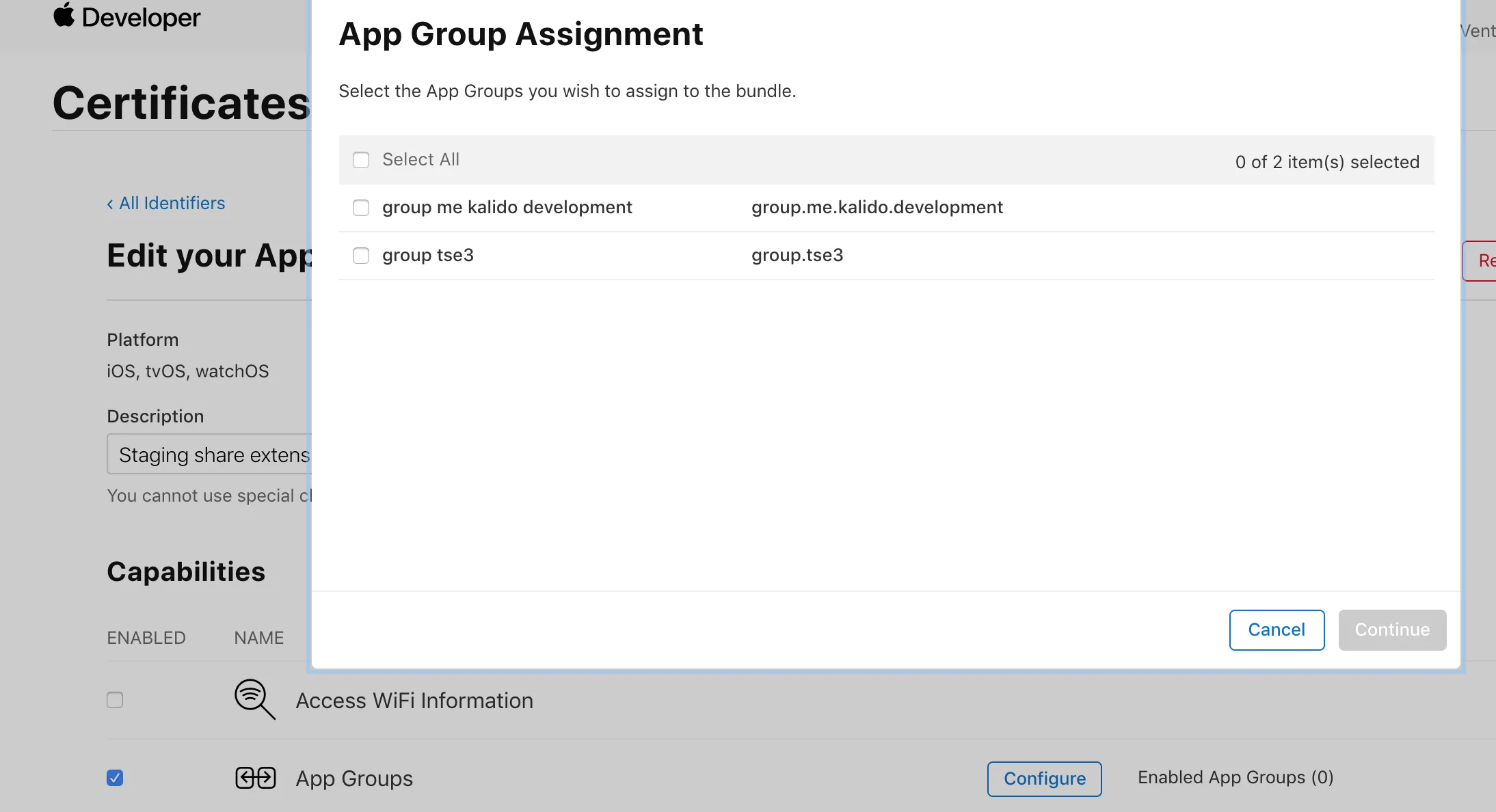 Screenshot of available app groups; mine is missing
