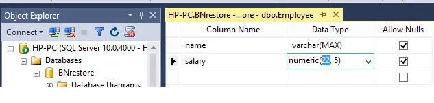 screenshot of the Data Type column with a column's data type value getting changed