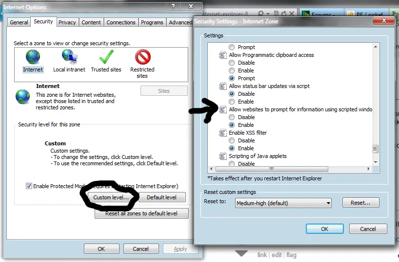 IE prompt setting