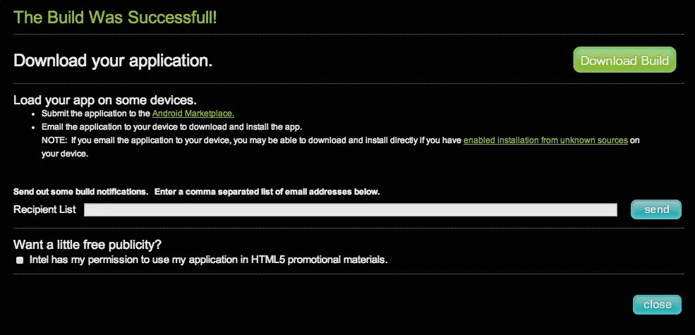 Permission checkbox to allow Intel to use application in HTML5 promotional material