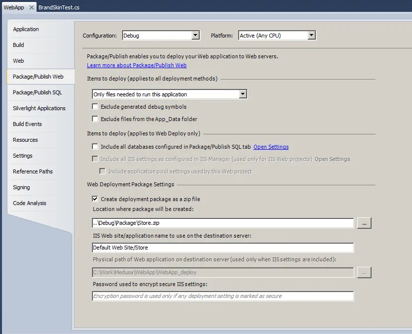 Sample Package Settings for Deployment of Web Application