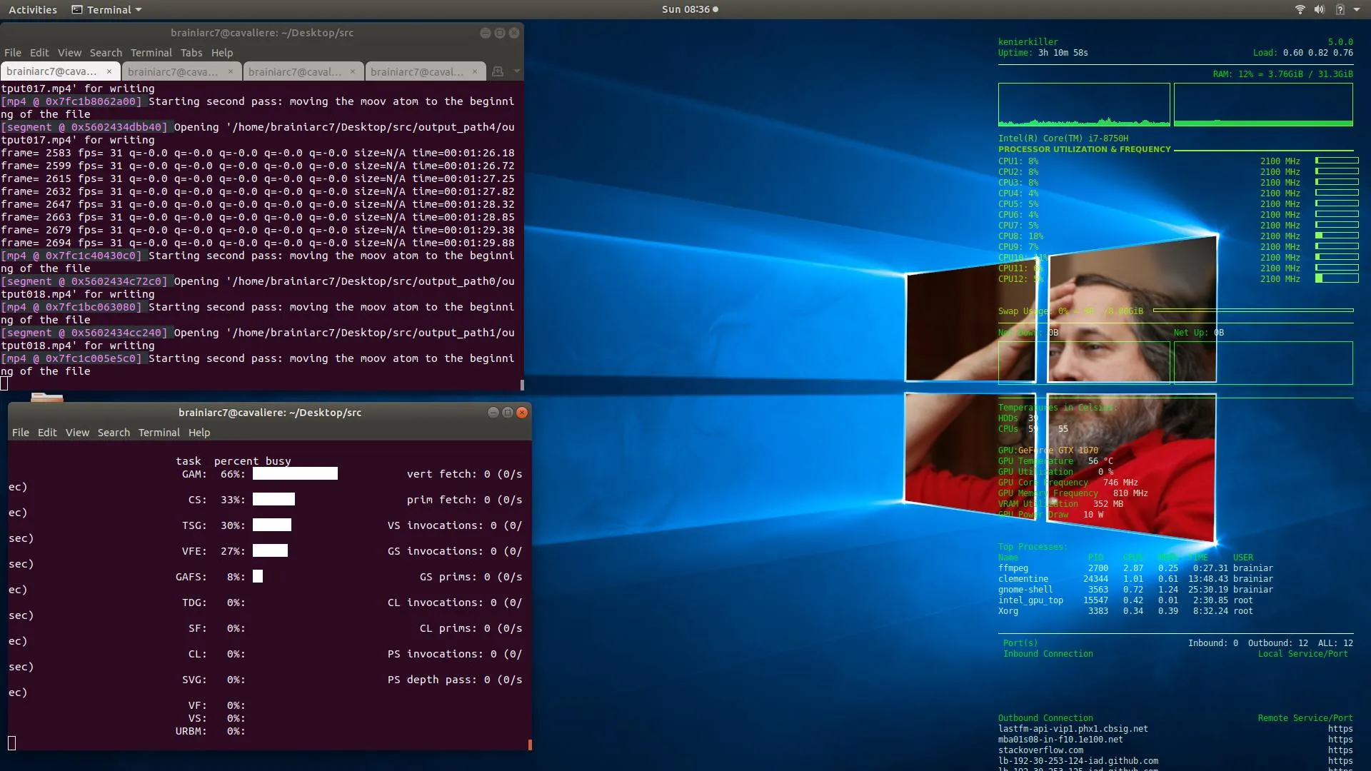 system load and stats with 5 simultaneous VAAPI encodes in progress