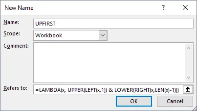 lambda function in excel's name manager to capitalize only the first letter in a string