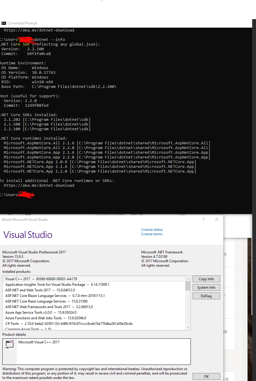 CMD and Visual Studio installer showing installed versions of dotnet and VS version