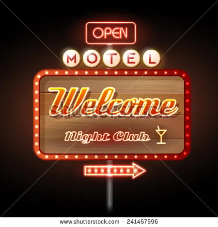 一张汽车旅馆/俱乐部标志的图片，有一个粗红色边框，内部有白色圆形灯光