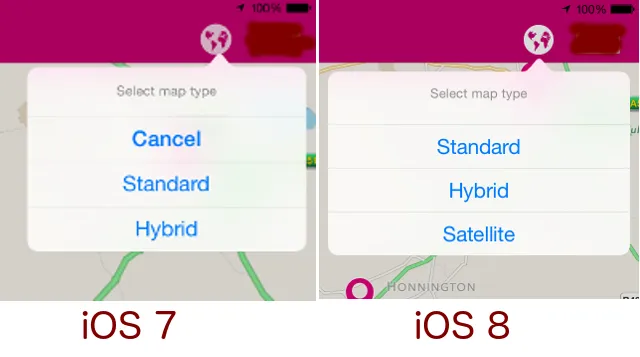 comparison of UIActionSheet instances on iOS 7 and 8