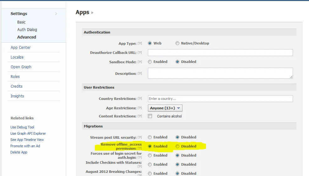 Facebook offline access token