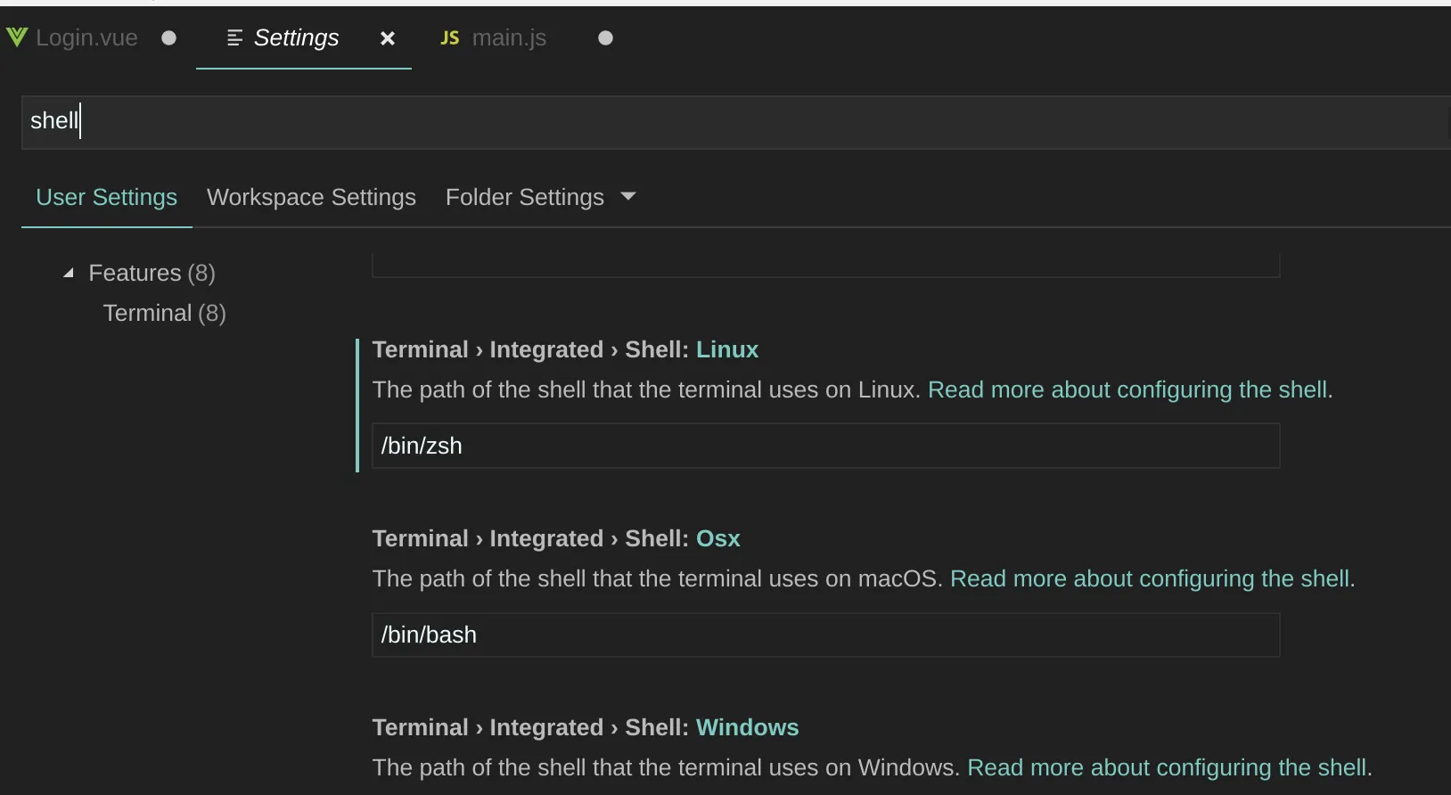 Screen capture of Visual Studio Code settings view