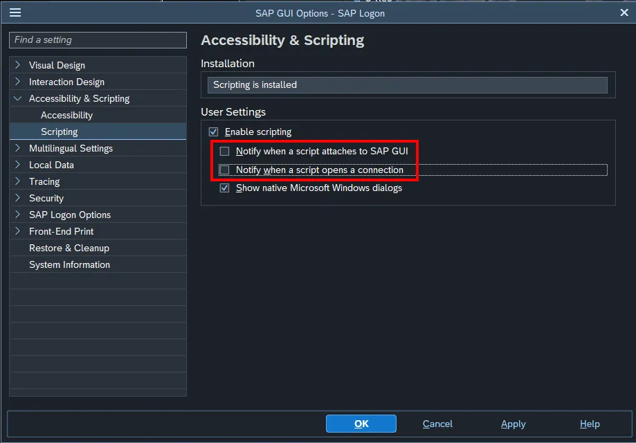 SAP GUI Options > Accessibility & Scripting > Scripting